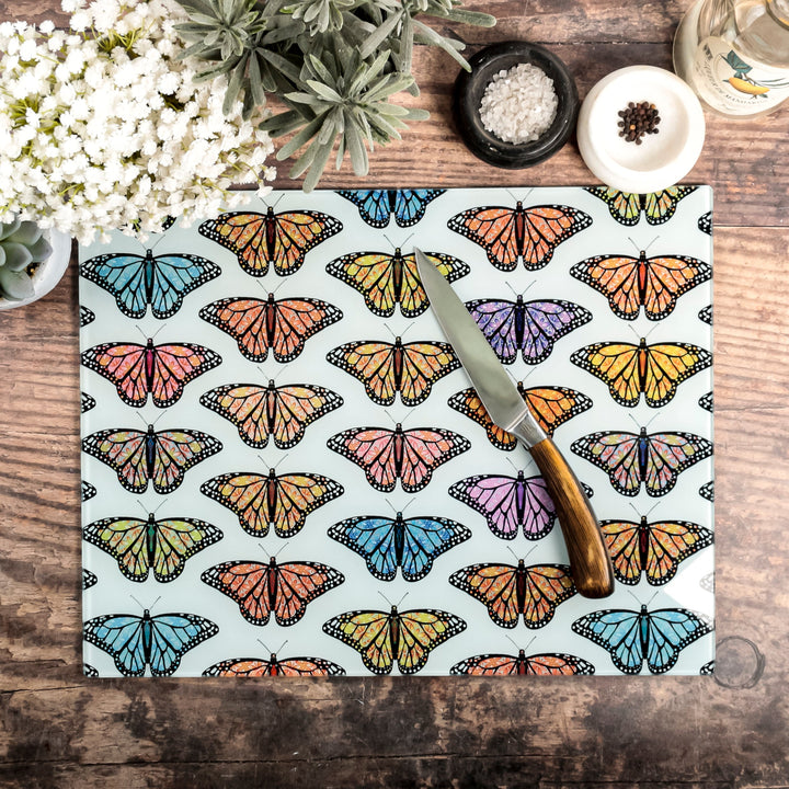 SALE - Multi-coloured butterfly Cutting Board (large rectangular/smooth surface)