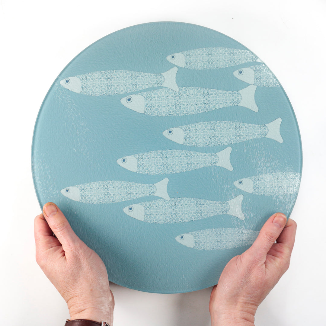 Grey/Blue Ocean Shoal - Fish Design - Circular Chopping Board