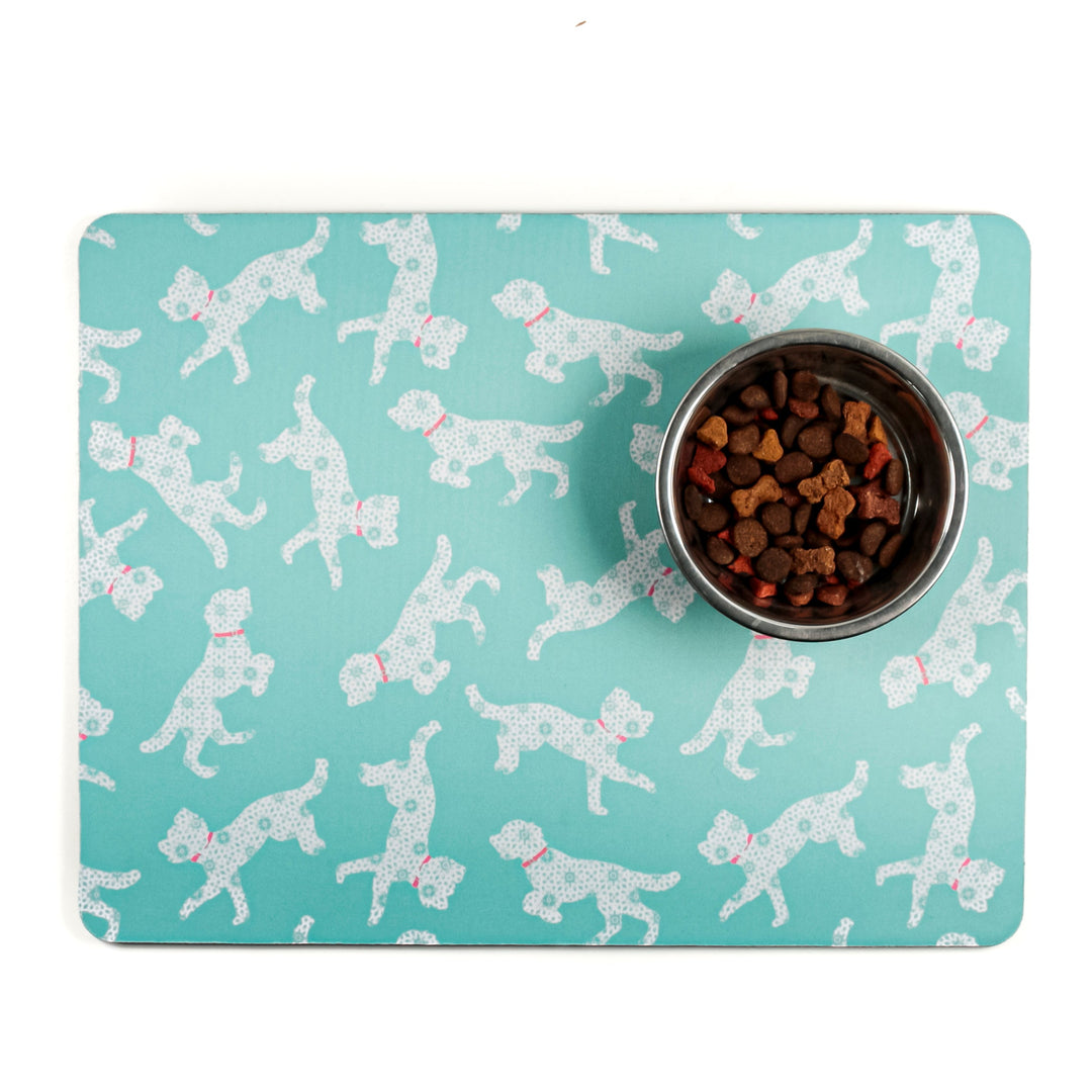 SALE Bounding Cockapoo Large Pet Food Mat -Turquoise Pink