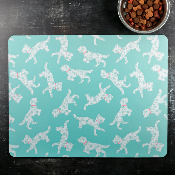 Bounding Cockapoo Large Pet Food Mat -Turquoise Pink