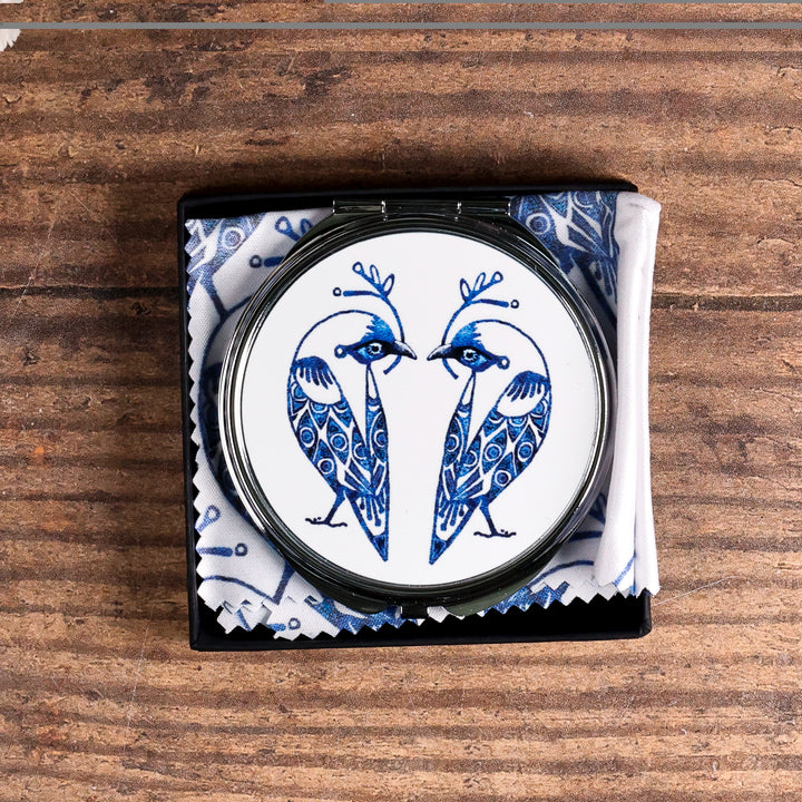 Lovebirds Folding Mirror and Lens Cloth - Blue Lovebirds on White