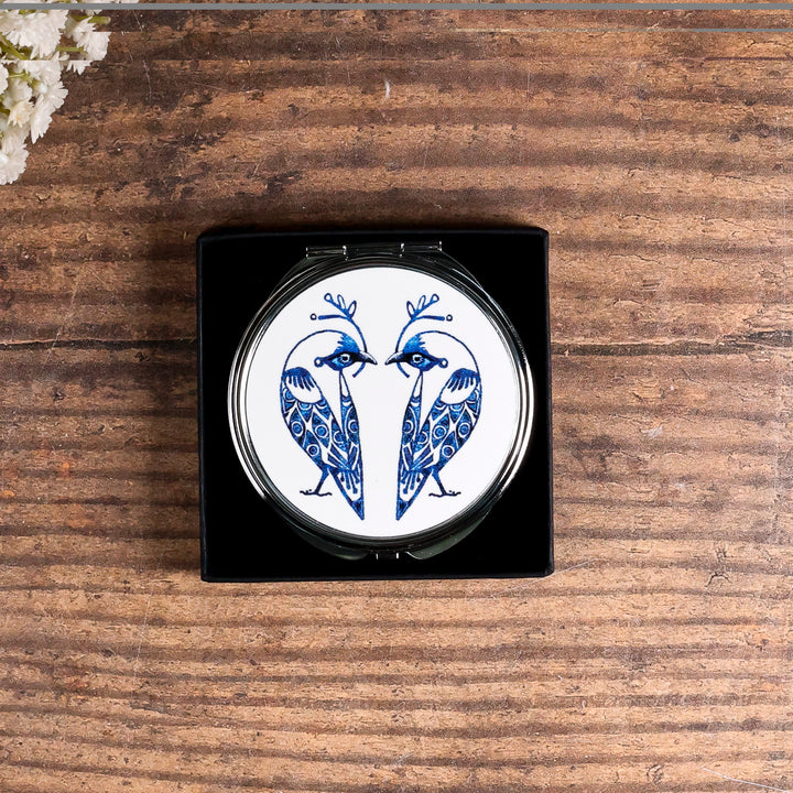 Lovebirds Folding Mirror and Lens Cloth - Blue Lovebirds on White