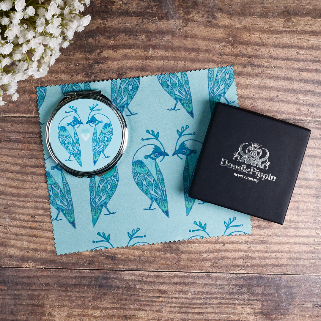 Lovebirds Folding Mirror and Lens Cloth - Blue Lovebirds