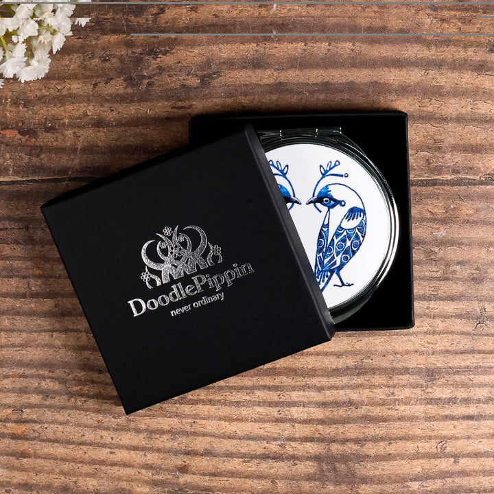 Lovebirds Folding Mirror and Lens Cloth - Blue Lovebirds on White