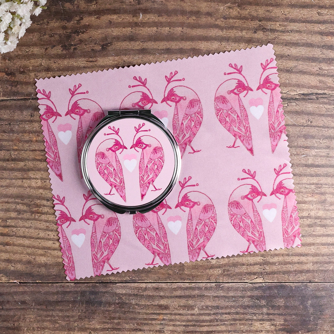 Lovebirds Folding Mirror and Lens Cloth - Pink Lovebirds with Heart