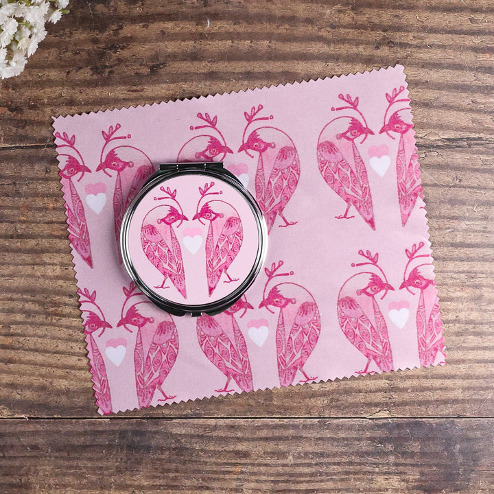 Lovebirds Folding Mirror and Lens Cloth - Pink Lovebirds with Heart