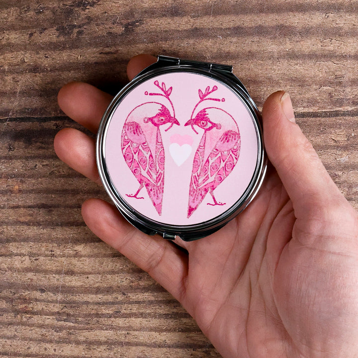 Lovebirds Folding Mirror and Lens Cloth - Pink Lovebirds with Heart