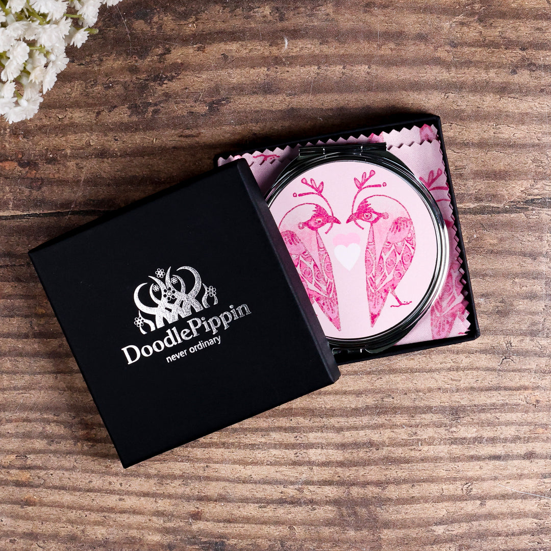 Lovebirds Folding Mirror and Lens Cloth - Pink Lovebirds with Heart