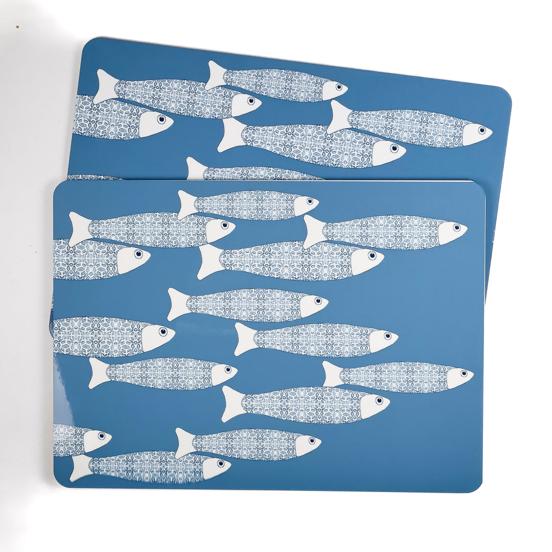 SALE SECONDS - 2x Cork Placemats - Grey Blue Ocean Shoal design