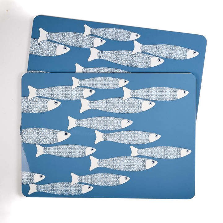 SALE SECONDS - 2x Cork Placemats - Grey Blue Ocean Shoal design