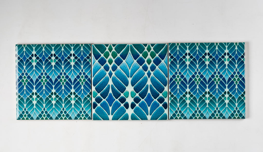 SALE SET of 3 x 10.8cm Interwoven Tree tiles (blue/green design - mixed set)