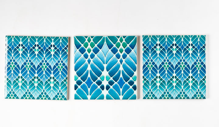 SALE SET of 3 x 10.8cm Interwoven Tree tiles (blue/green design - mixed set)