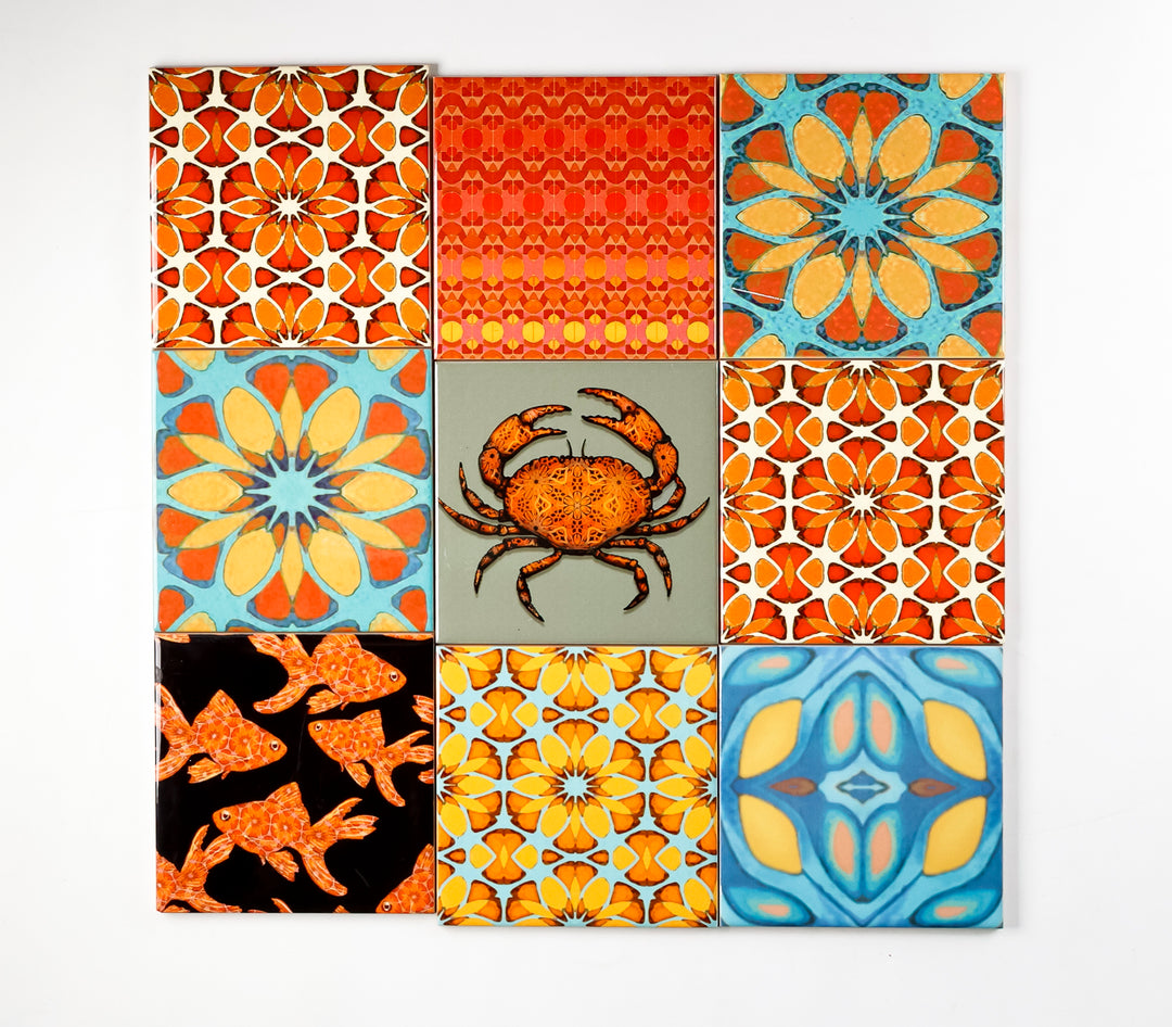 SALE - Mixed Set of 10 x 10.8cm "Orange-themed" tiles