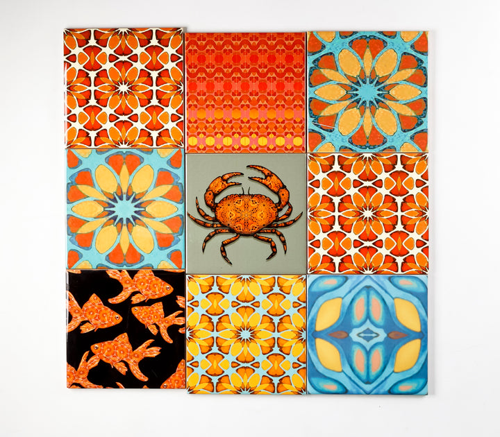 SALE - Mixed Set of 10 x 10.8cm "Orange-themed" tiles