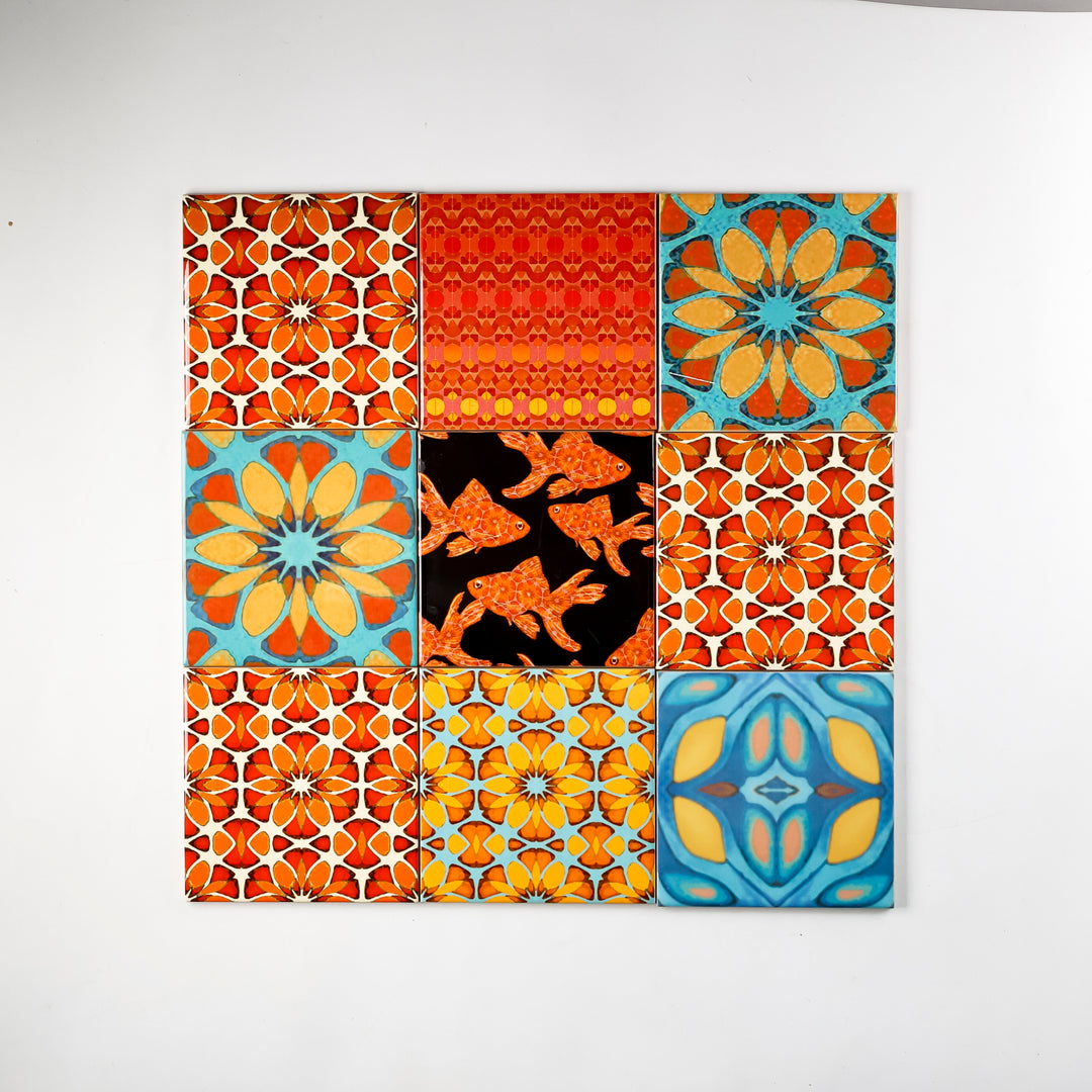 SALE - Mixed Set of 10 x 10.8cm "Orange-themed" tiles