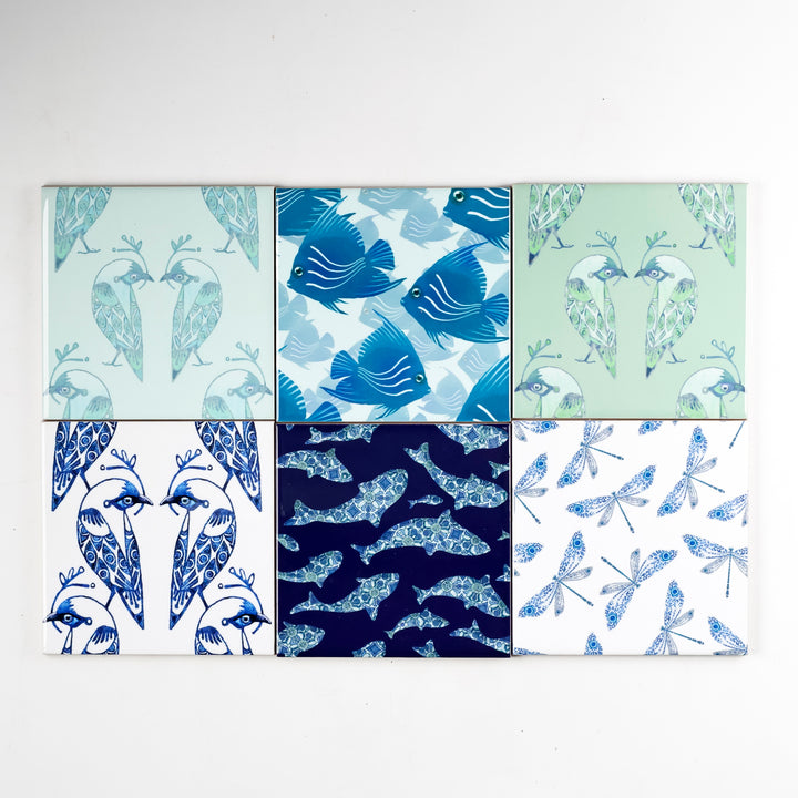 SALE: Set of 6x 10.8cm - Mixed Set of Lovebird, Fish &amp; Mayfly tiles