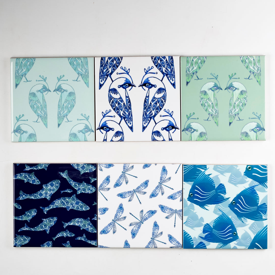 SALE: Set of 6x 10.8cm - Mixed Set of Lovebird, Fish &amp; Mayfly tiles