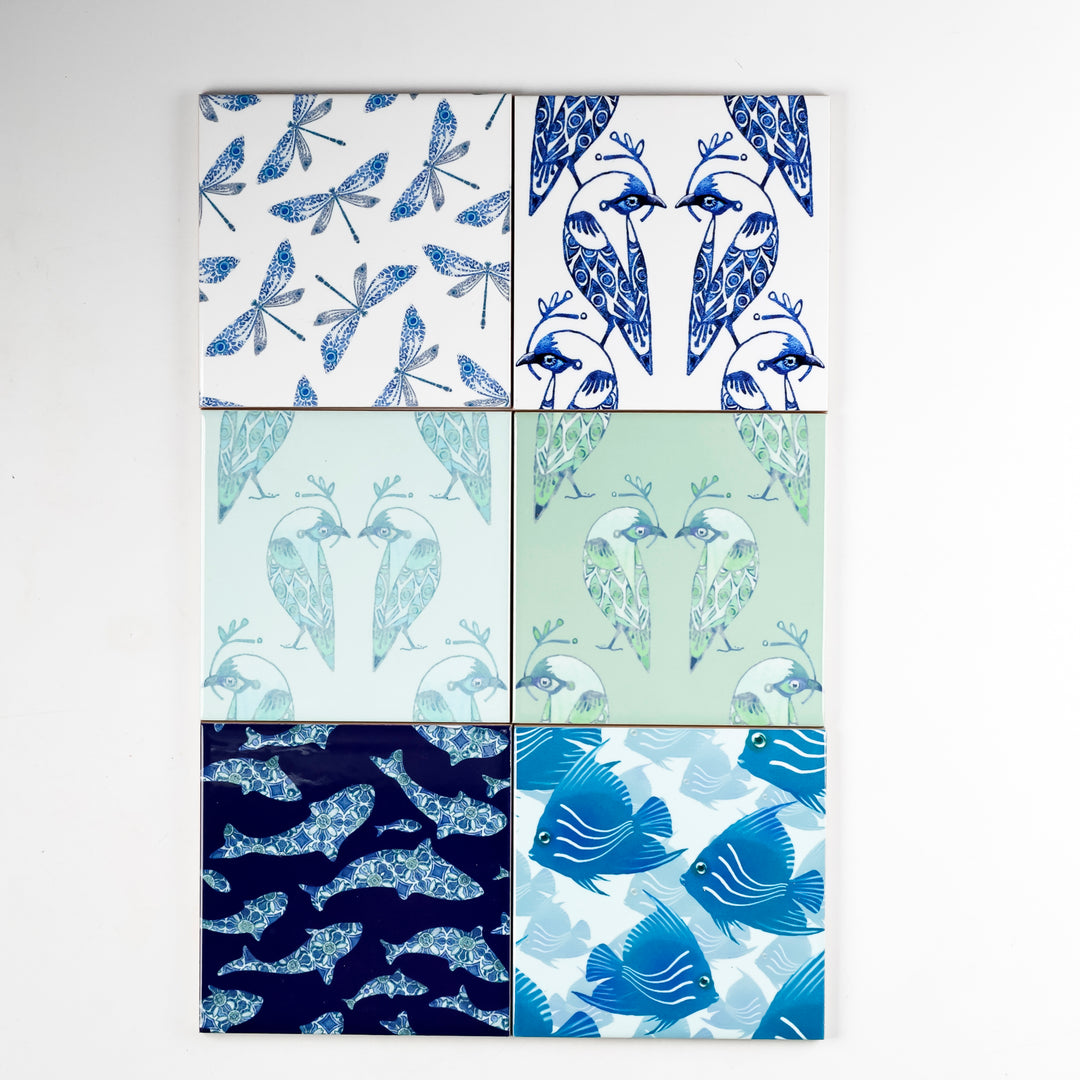 SALE: Set of 6x 10.8cm - Mixed Set of Lovebird, Fish &amp; Mayfly tiles