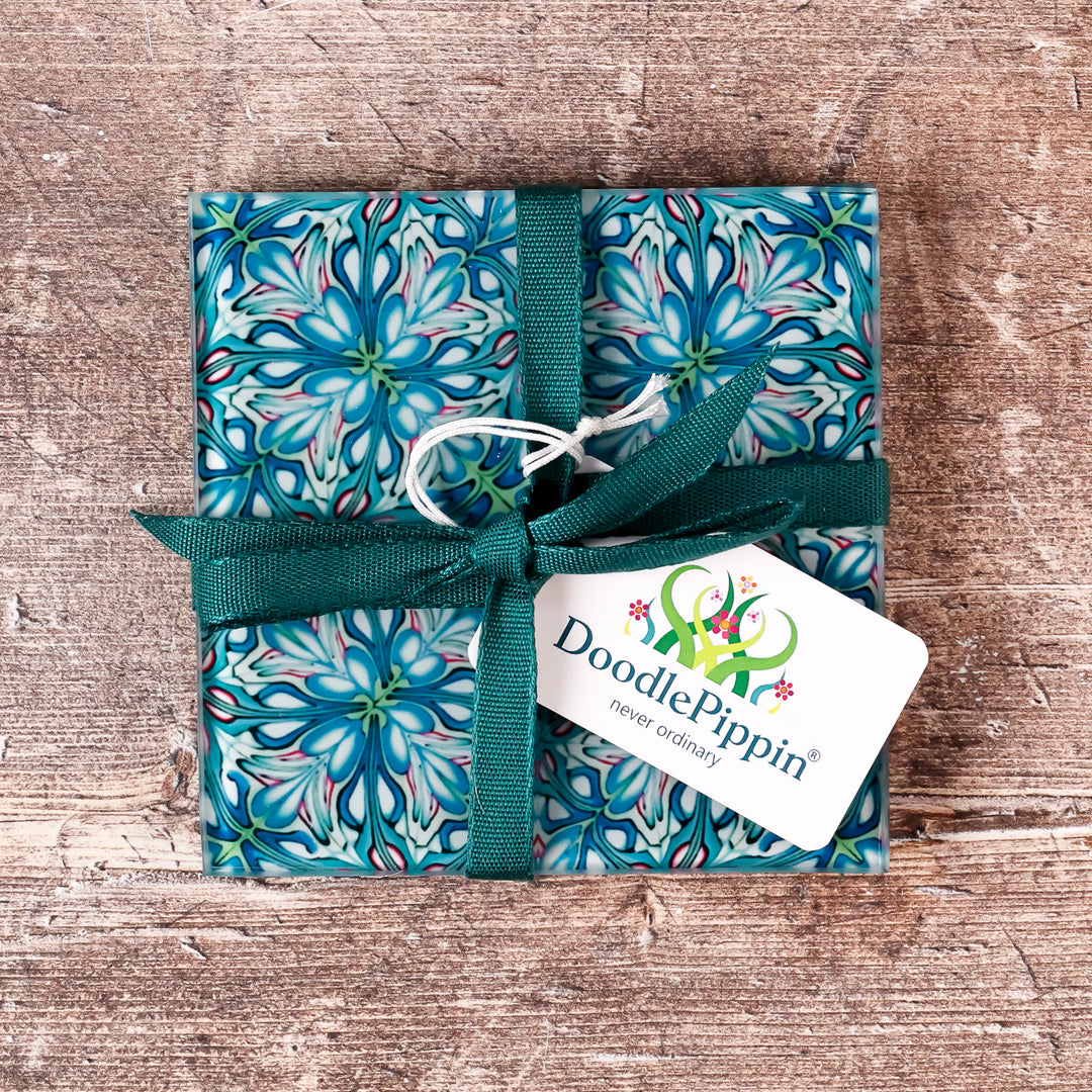 SALE - 2x Flourishing garden square glass coasters