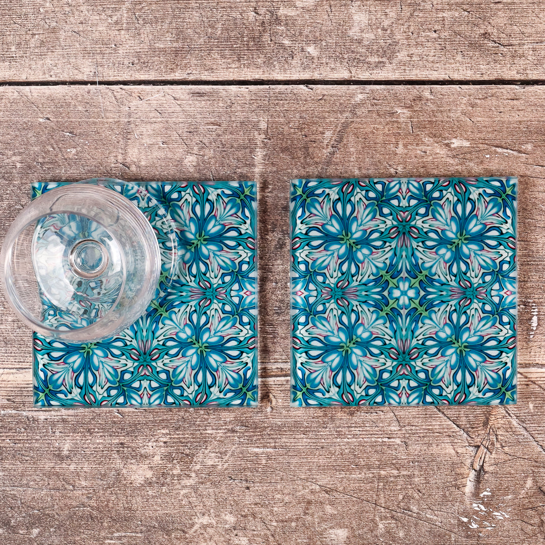 SALE - 2x Flourishing garden square glass coasters