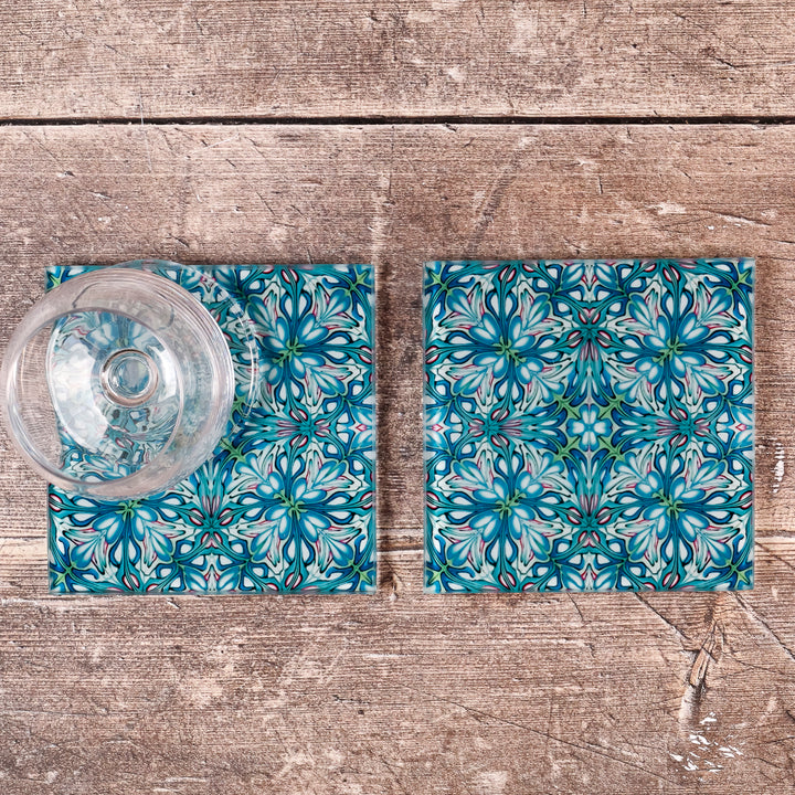 SALE - 2x Flourishing garden square glass coasters
