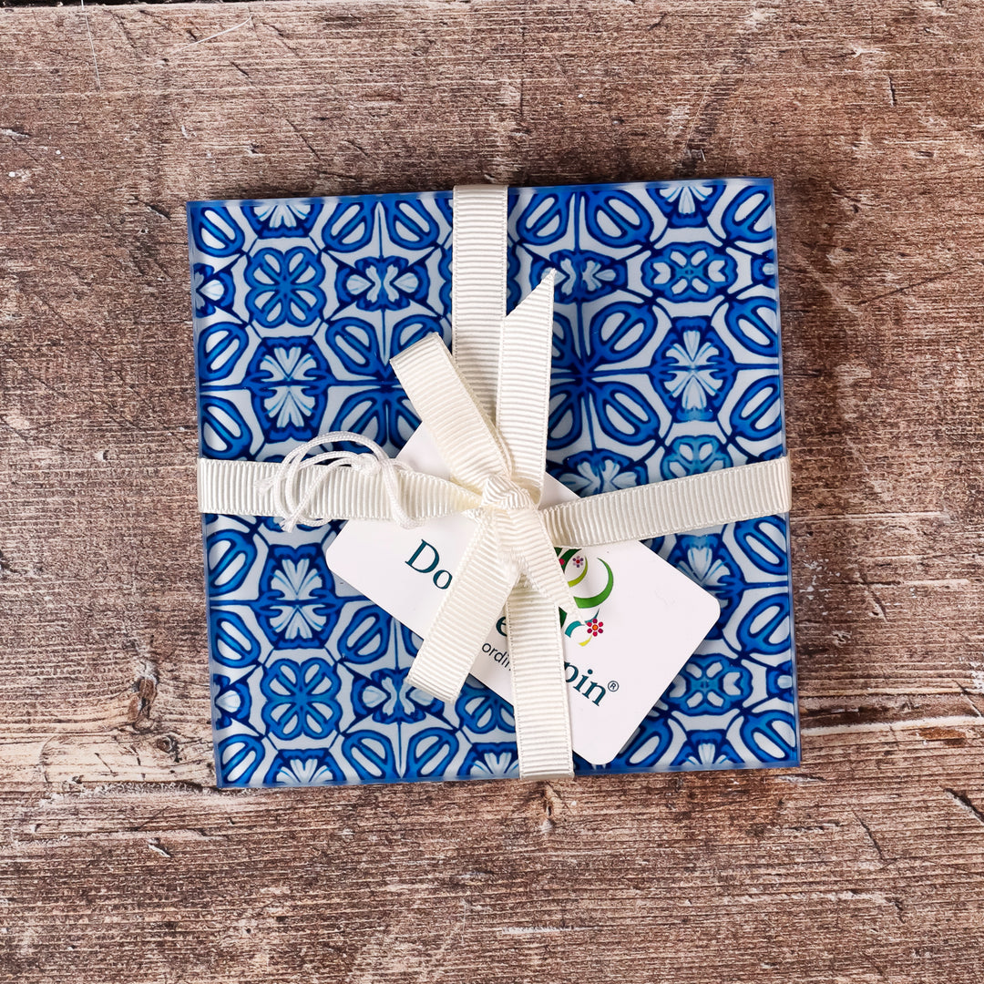 SALE - 2x Square Blue Turkish Flower coasters