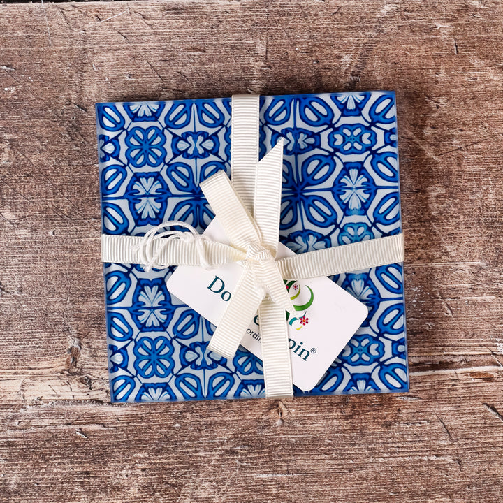 SALE - 2x Square Blue Turkish Flower coasters