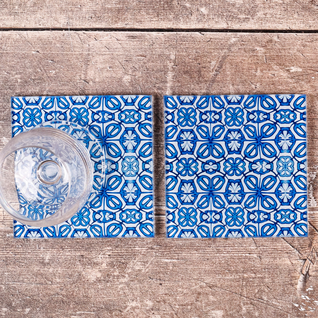 SALE - 2x Square Blue Turkish Flower coasters