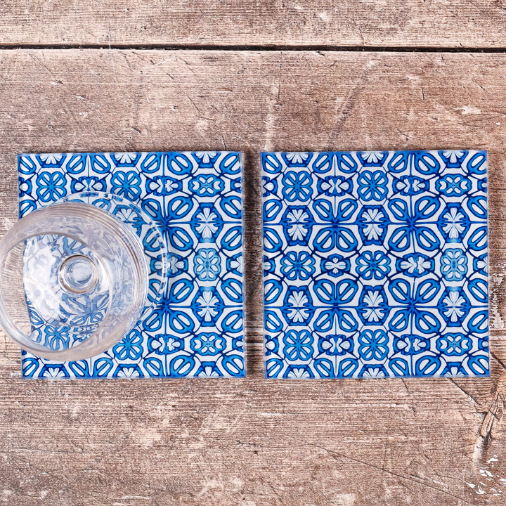 SALE - 2x Square Blue Turkish Flower coasters