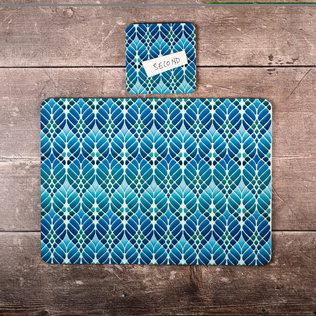SALE - Blue/Green Interwoven Trees Placemat and Coaster Set