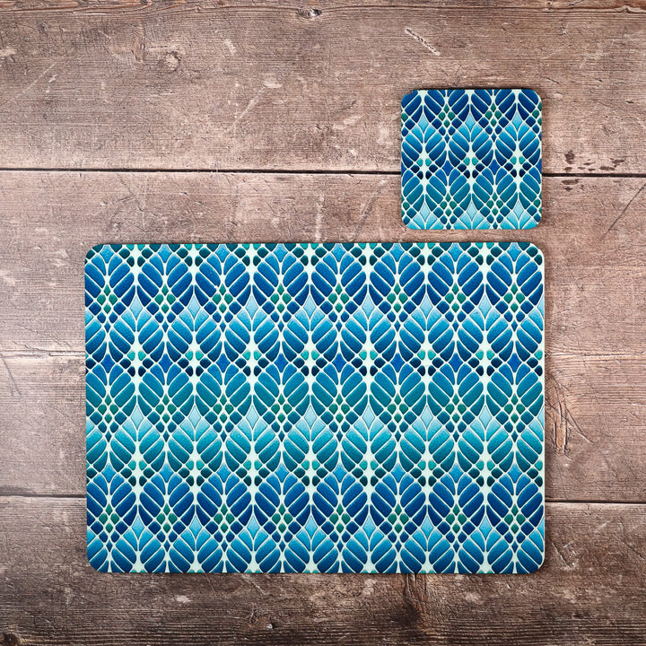SALE - Blue/Green Interwoven Trees Placemat and Coaster Set