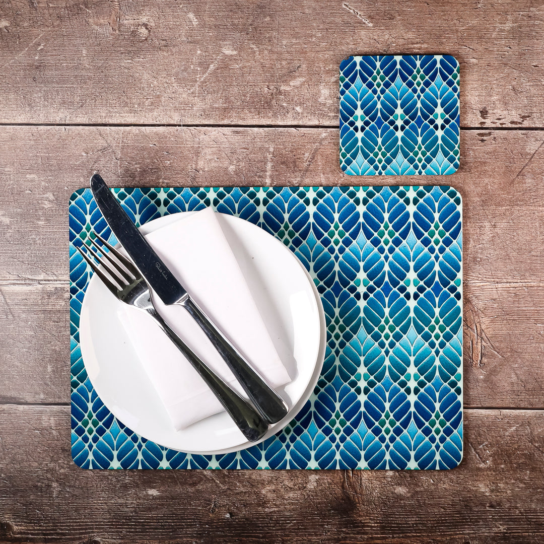 SALE - Blue/Green Interwoven Trees Placemat and Coaster Set