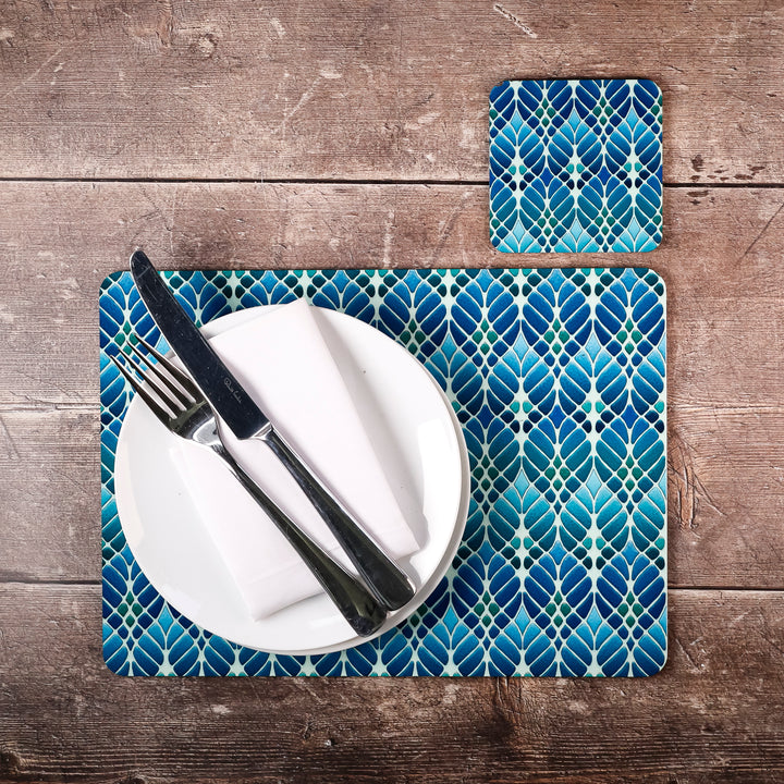 SALE - Blue/Green Interwoven Trees Placemat and Coaster Set
