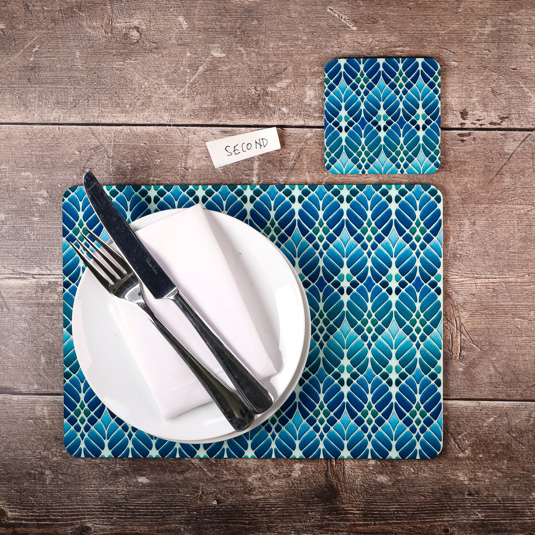 SALE - Blue/Green Interwoven Trees Placemat and Coaster Set