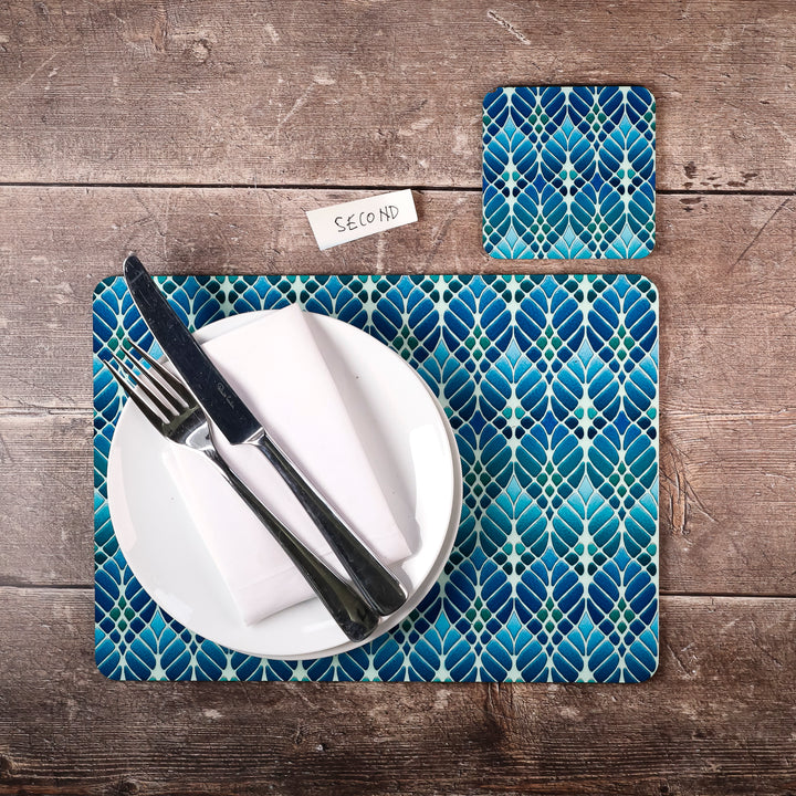 SALE - Blue/Green Interwoven Trees Placemat and Coaster Set