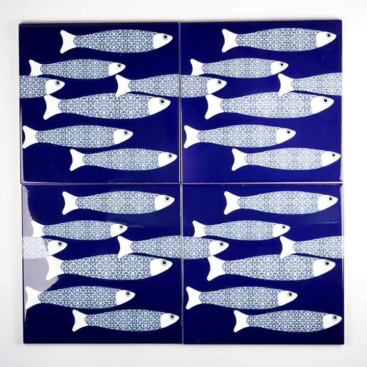 SALE SECONDS : 4 x 20cm tiles - Navy Blue ocean shoal (border design)