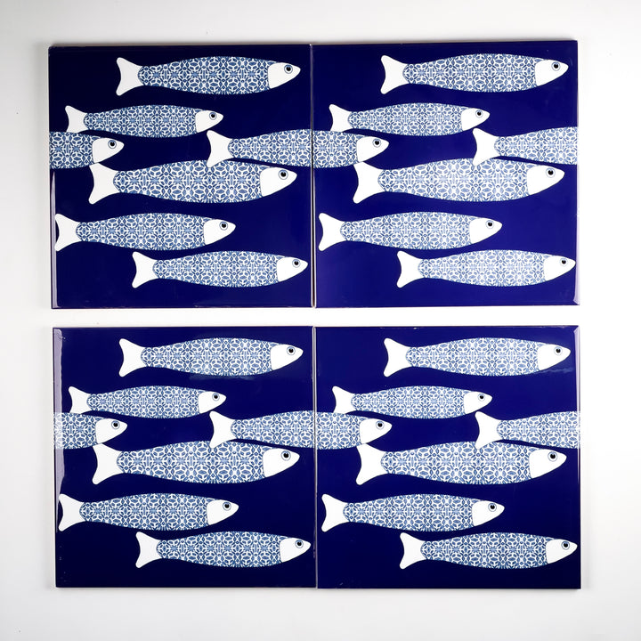 SALE SECONDS : 4 x 20cm tiles - Navy Blue ocean shoal (border design)