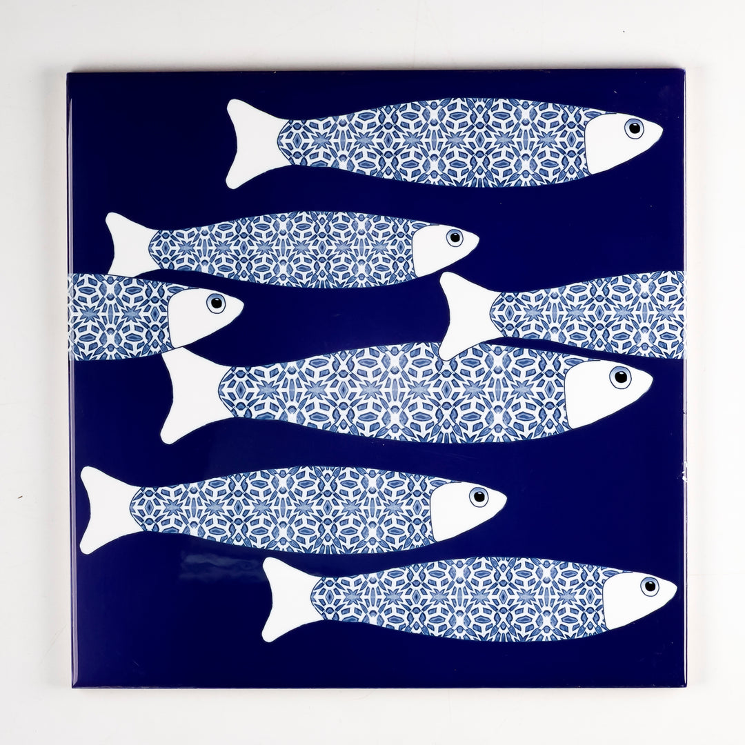 SALE SECONDS : 4 x 20cm tiles - Navy Blue ocean shoal (border design)