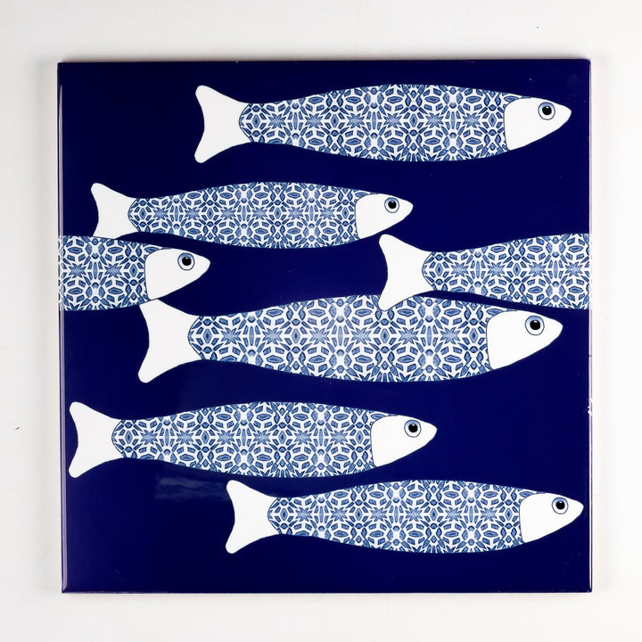 SALE SECONDS : 4 x 20cm tiles - Navy Blue ocean shoal (border design)