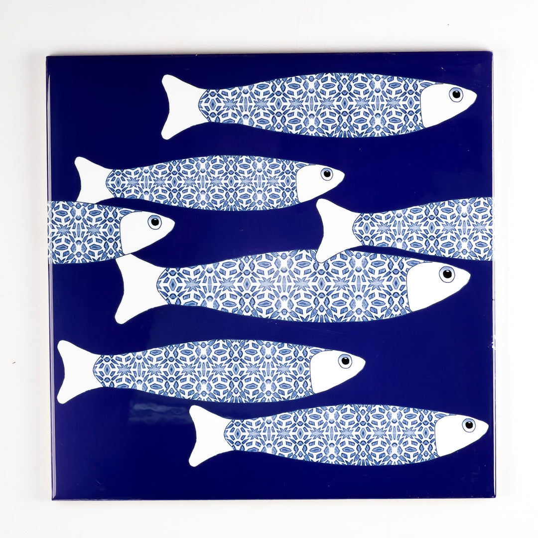 SALE SECONDS : 4 x 20cm tiles - Navy Blue ocean shoal (border design)