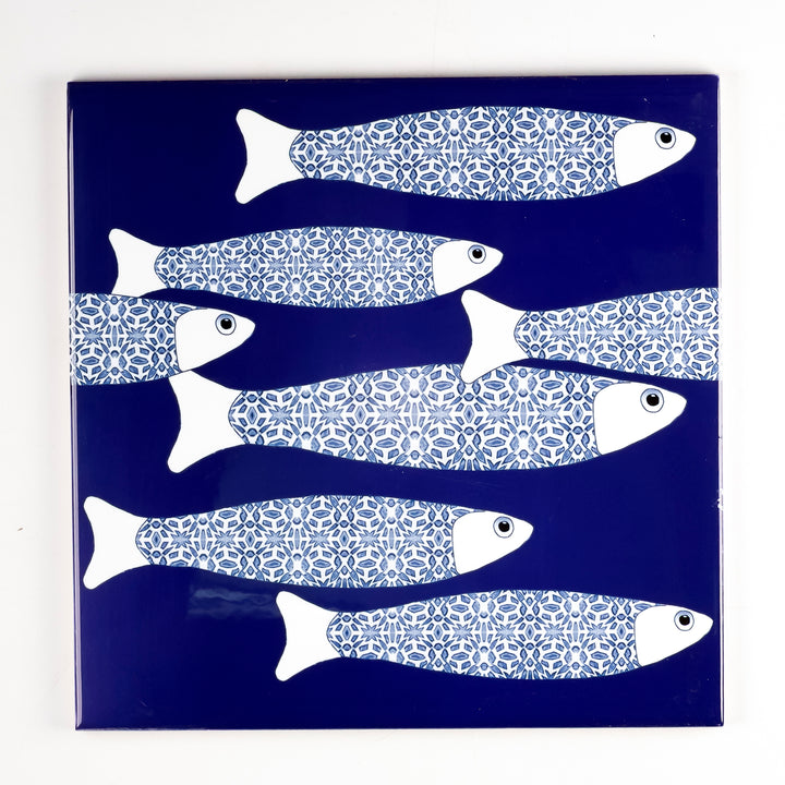 SALE SECONDS : 4 x 20cm tiles - Navy Blue ocean shoal (border design)