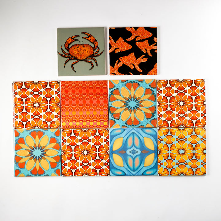 SALE - Mixed Set of 10 x 10.8cm "Orange-themed" tiles