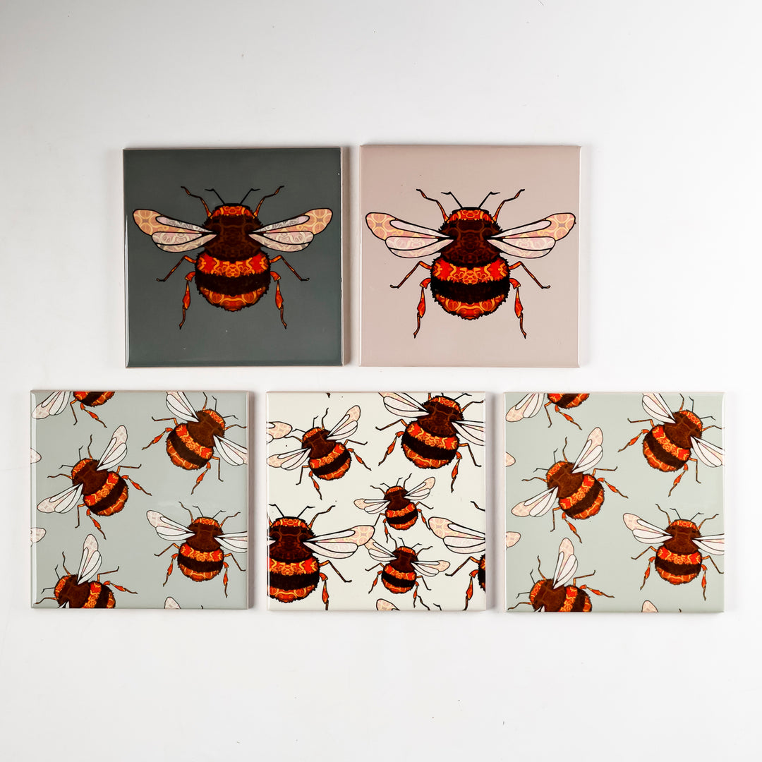 SALE  SET - 5x 10.8cm Bumble Bee Design tiles (mixed set)