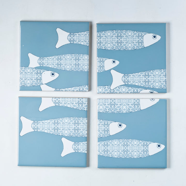 SALE SECOND SET of 4 x 10.8cm Grey Ocean Shoal (large scale/border) tiles