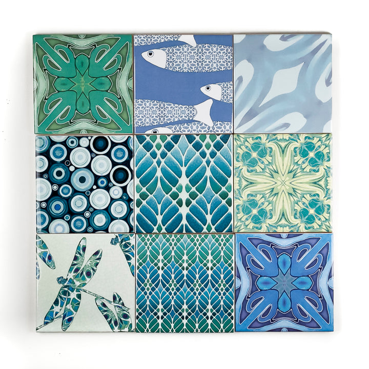 SALE SET of 9x 10cm FIRED INK Tiles - Mixed Designs 2