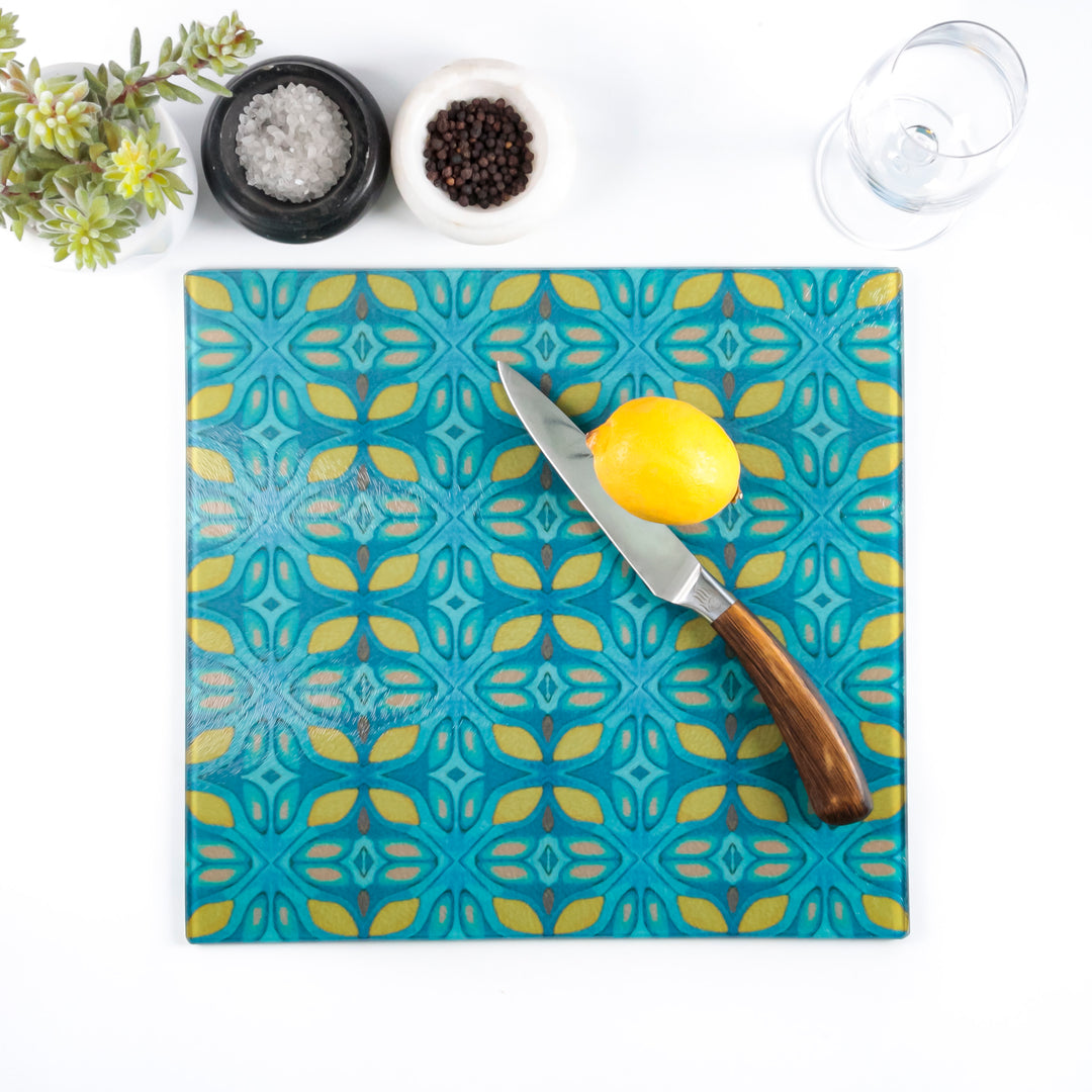 Knossos Leaf - Blue/Yellow Worktop Protector