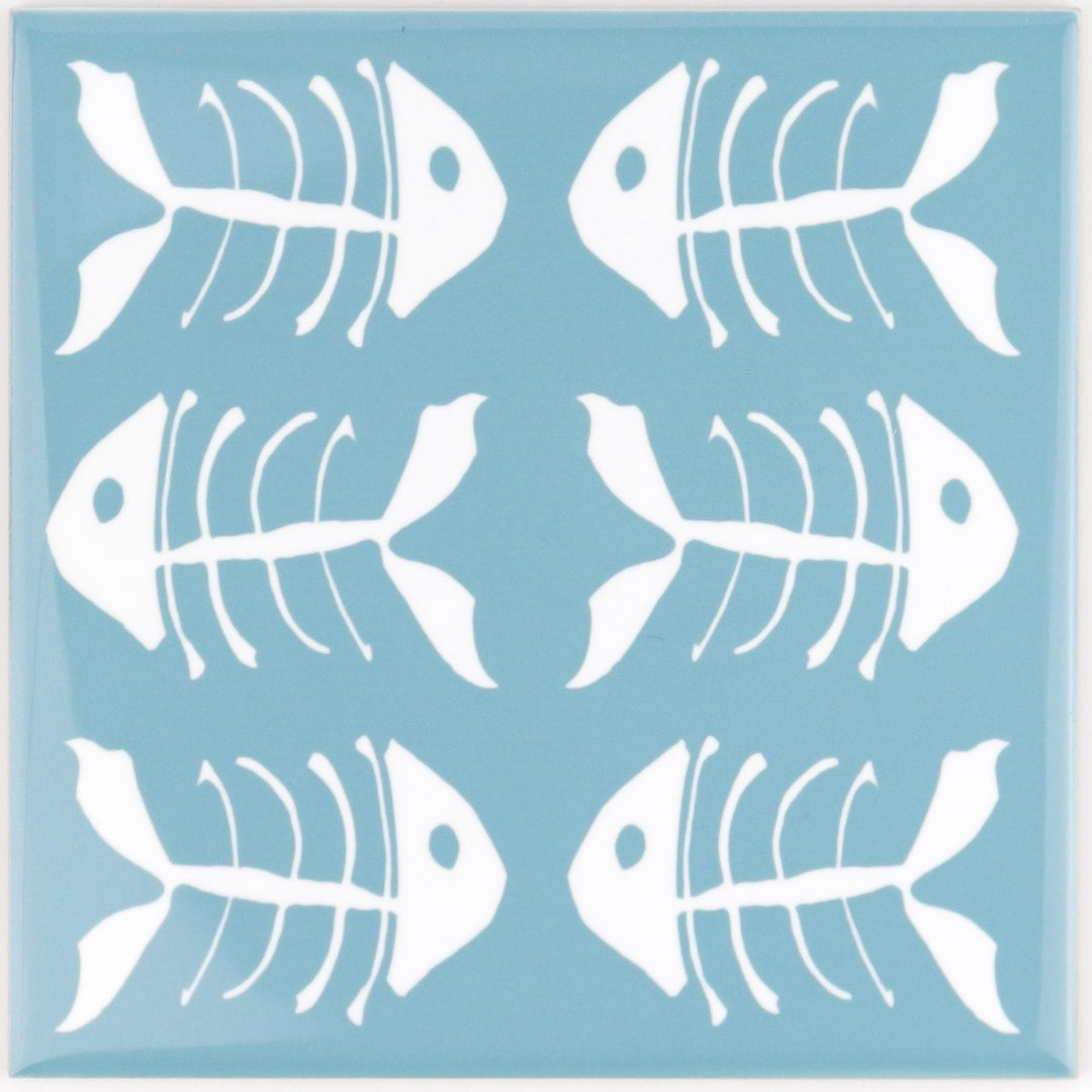 Rich blue kitchen tiles, funky bone fish design