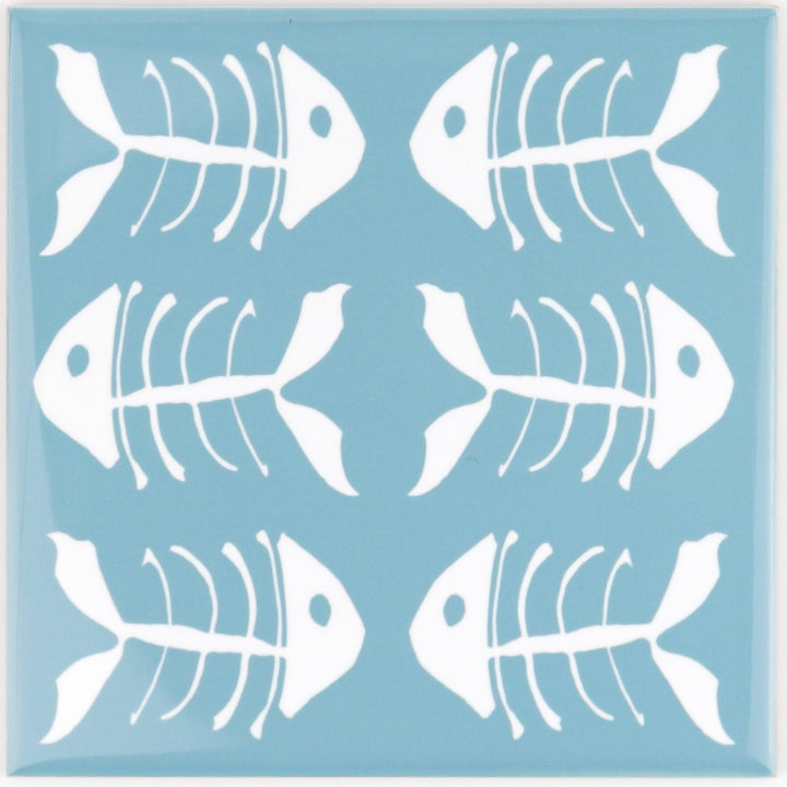 Rich blue kitchen tiles, funky bone fish design