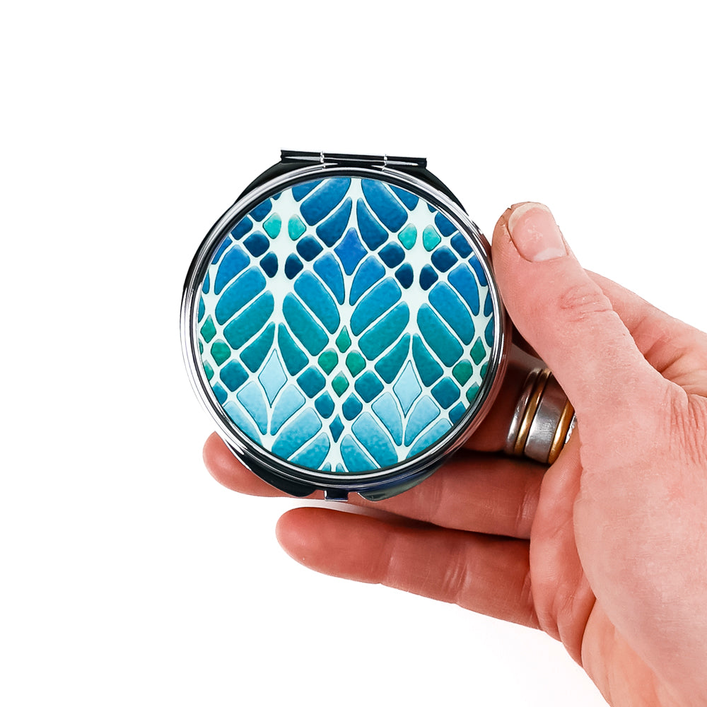 Compact Folding Mirror - Interwoven Trees (blue/green)