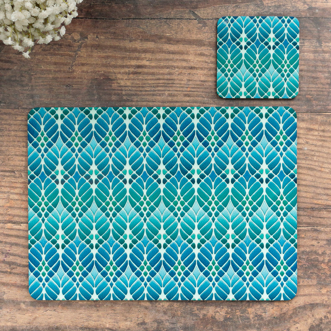 Interwoven Trees Coaster Set - Blue Turquoise - Melamine / Cork backed
